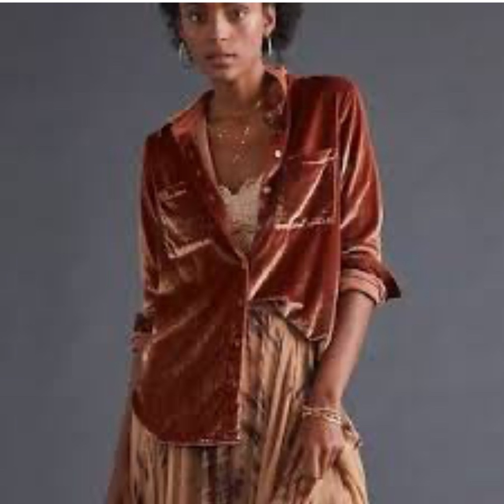Pilcro Velvet Button-Up Shirt in Rust